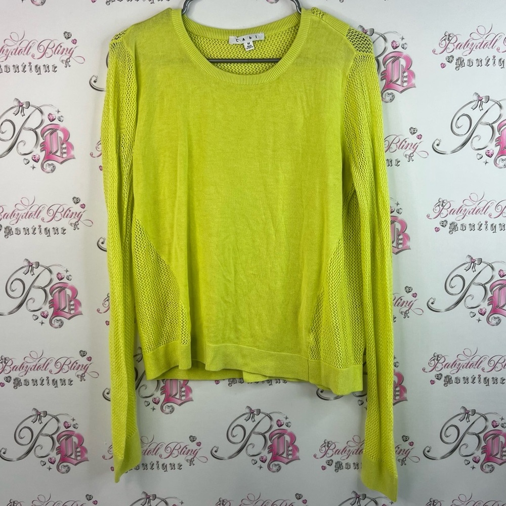 CAbi long sleeve shirt knit knitted slit open back Lime Long Sleeve Mesh Top